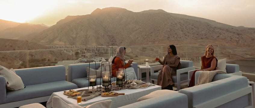 Evening lounge terrace overlooking the mountains